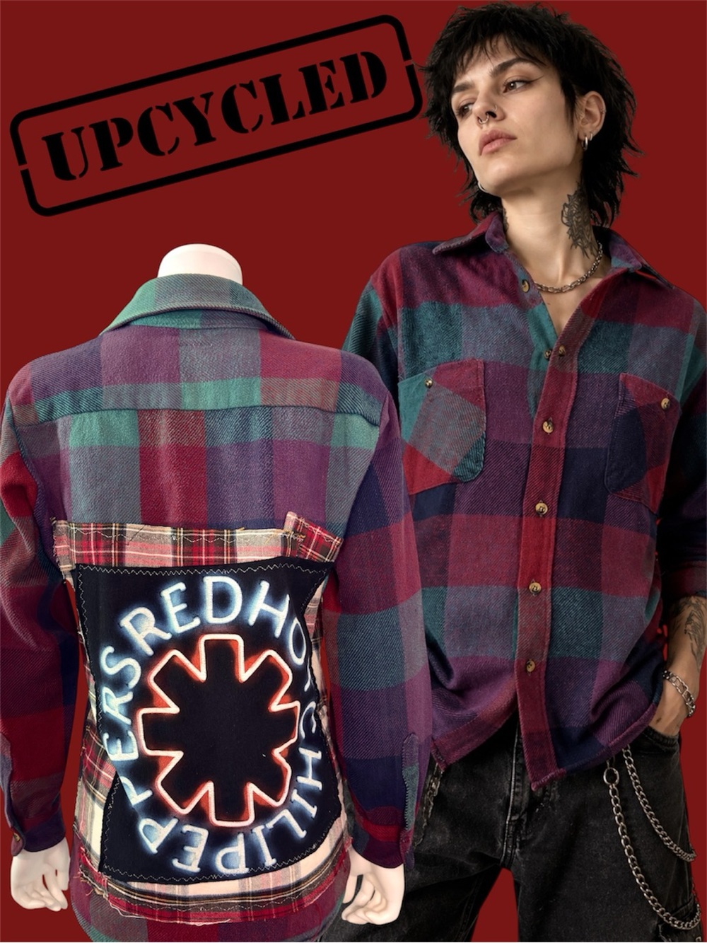 Vintage One of a Kind Spenny Lane Upcycled Red Hot Chili Peppers Flannel Shirt